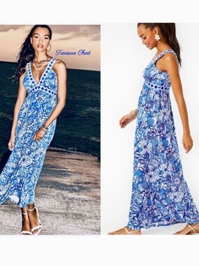 Lilly Pulitzer Maxi Dress Blue Tang Flocking Serena V-Neck Maxi Patterned